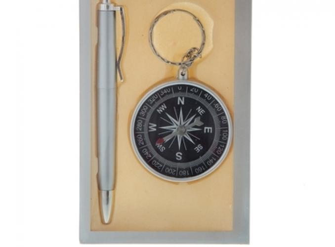 Набор подарочный 2в1: ручка, брелок-компас, серебро