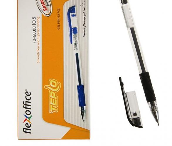 Ручка гелевая стандарт резиновый упор FlexOffice Tepco, узел-игла 0.5мм черная