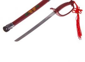 Нож танто сувенирный на подставке, кожа, красные ножны, зелёно-желтый узор