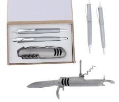 Подарочный набор, 3 предмета в коробке: 2 ручки, нож с насечками
