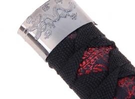 Нож танто сувенирный без подставки, ткань, черные ножны, красный узор драконы