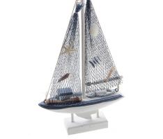 Яхта сувенирная малая - борта белые с голубой полосой, паруса в сетку