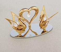 Сувенир Два лебедя на овальной зеркальной подставке с сердцем и прозрачными хрусталиками Сваровски U