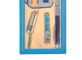 Набор подарочный 4в1: ручка, брелок-открывалка-фонарик, кусачки, нож 3в1 с 3 насечками, синий