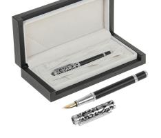 Ручка подарочная перьевая в кожзам футляре Узоры корпус черный с серебристыми вставками