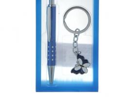 Набор подарочный 2в1 в блистере (ручка+брелок бабочка бело-синяя) серебро 13*8см
