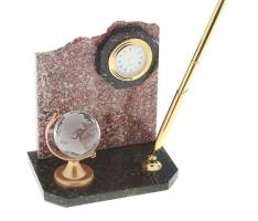 Письменный прибор Скол из криноида часы+глобус+ручка 14х10х17 см
