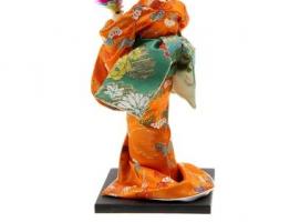 Кукла коллекционная Гейша в оранжевом кимоно с веером