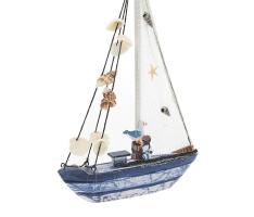 Яхта сувенирная малая - борта голубые с синей полосой, белые паруса