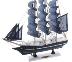 Корабль сувенирный средний - борта синие с голубой полосой, три мачты, синие паруса