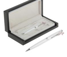 Ручка подарочная шариковая в кожзам футляре поворотная Стрекоза стразы,белая с серебр вставками 9077