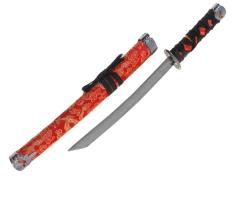Нож танто сувенирный, без подставки, ткань, красные ножны, узор драконы